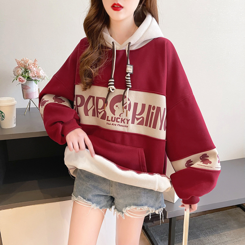 Real shot of autumn and winter fish scale composite anti-super plus velvet and thickened hooded cartoon embroidery large size women's sweatshirt
