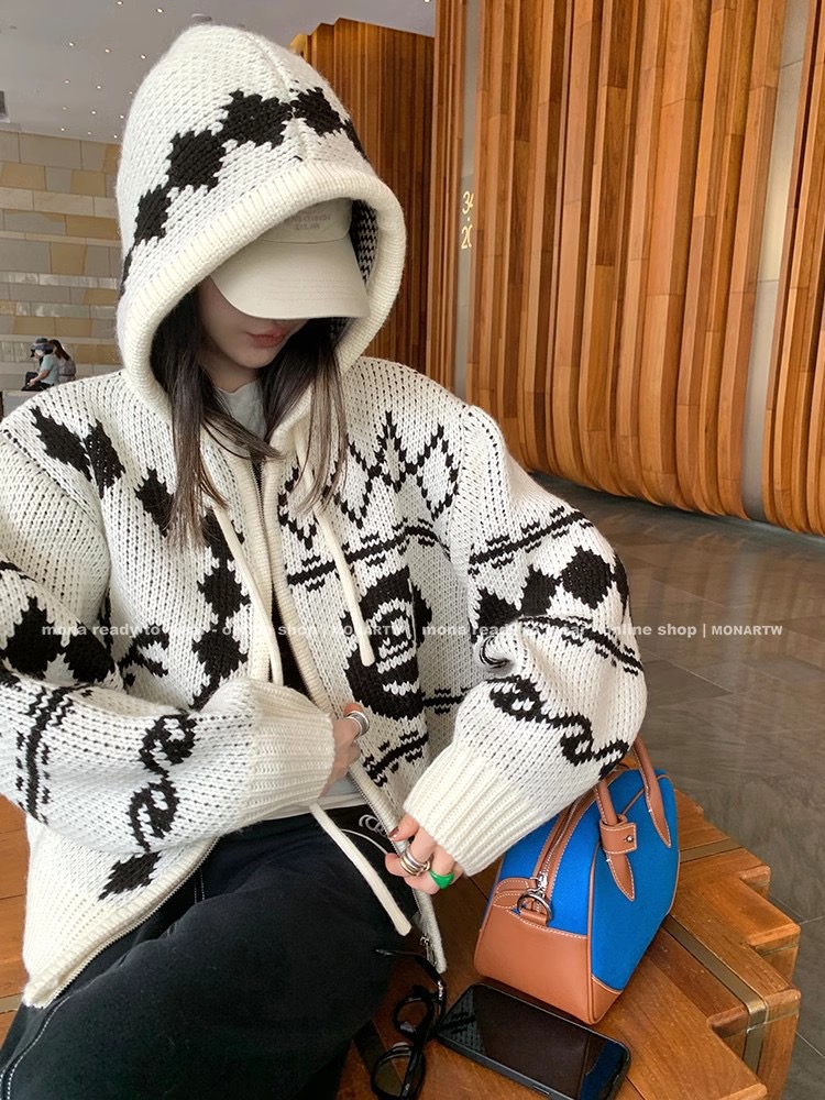 Wool blended versatile jacquard contrast sweater lazy style coat for women tops autumn 2023 new style