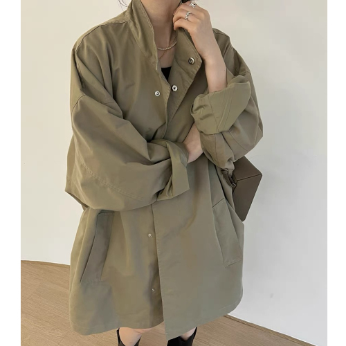 Korean chic autumn and winter retro thin lazy style stand-up collar loose casual long-sleeved mid-length windbreaker jacket for women