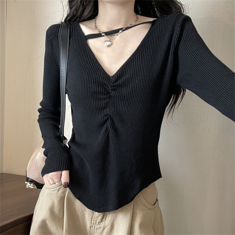 Real shot of pure sexy pleated design long-sleeved sweater for women autumn inner layering shirt irregular top