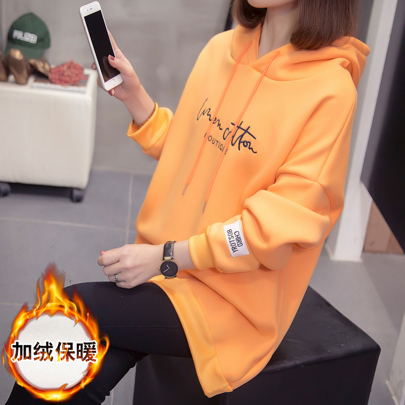 Actual shot of composite sweatshirt autumn and winter new style 200 pounds large size loose thickened top embroidered hooded plus velvet sweatshirt for women