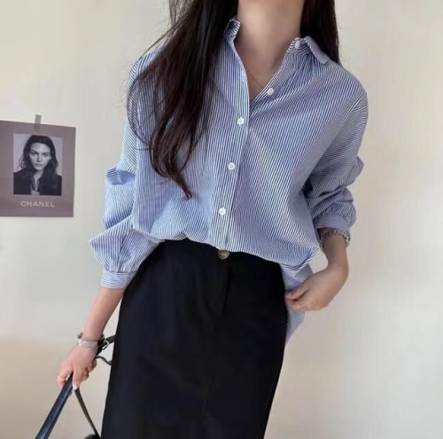 韩国chic 简约单排扣宽松条纹衬衫女
