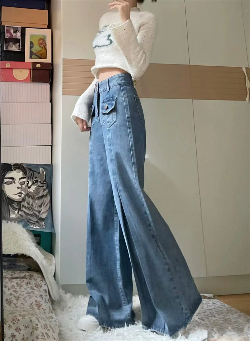 復古高腰牛仔褲秋季美式工裝設計感寬鬆闊腿微喇叭褲子