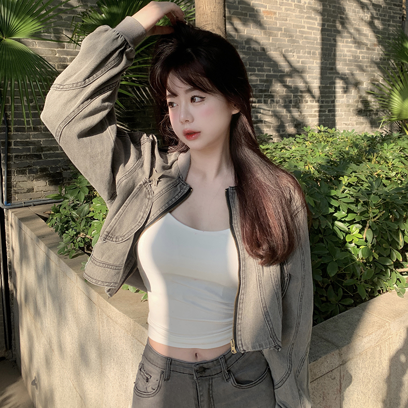 Actual shot ~ Curved hem short washed denim jacket for women new loose slimming niche zipper top