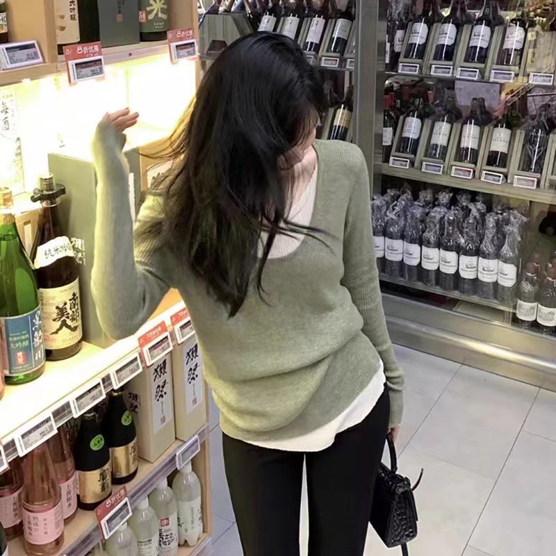 新款針織衫女假兩件打底衫寬鬆設計感小眾修身內搭長袖上衣T恤