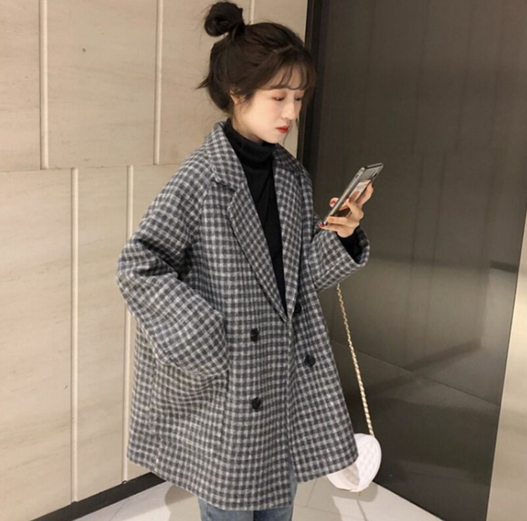 秋冬新款大碼女裝寬鬆夾棉格子西裝呢子大衣外套M-4XL200斤