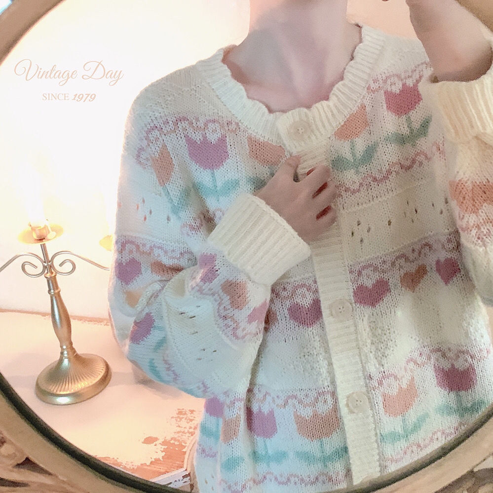 Tulip Japanese Sweater Women's Spring and Autumn Loose Lazy Style Retro Gentle Design Niche Soft Waxy Cardigan Jacket