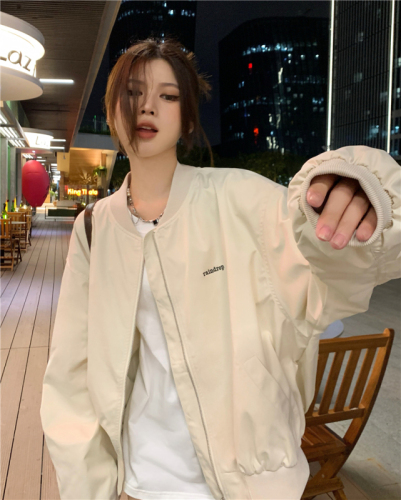 Real shot  spring and autumn fashionable letter embroidered baseball uniform loose stand-up collar short jacket versatile tops for women