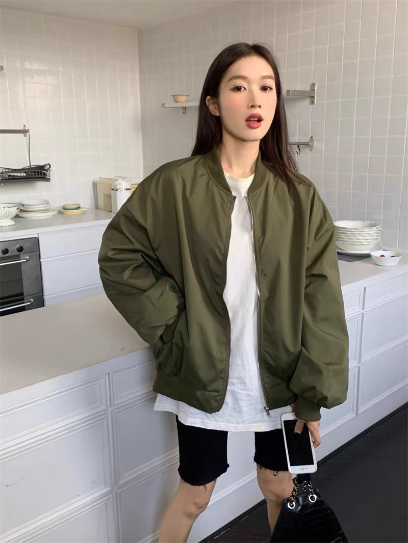Korean chic autumn and winter versatile thin retro stand-up collar casual loose baseball uniform work jacket jacket for women