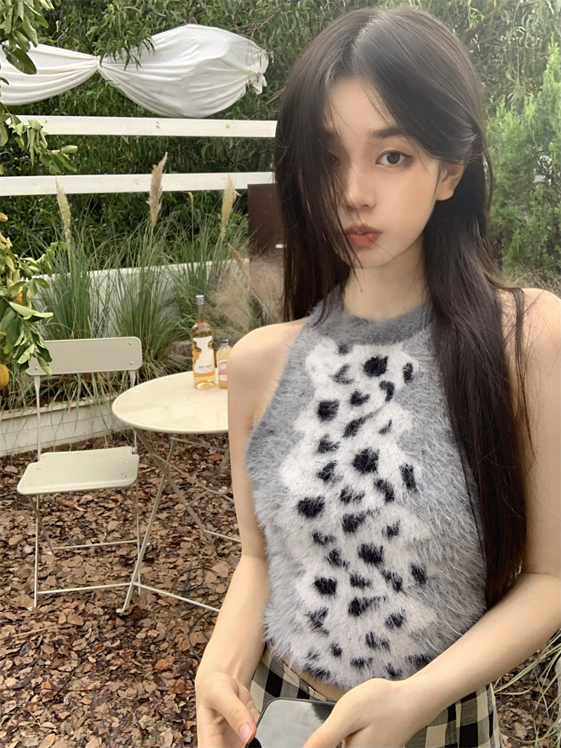 實拍   豹紋辣妹毛茸背心短款無袖毛衣