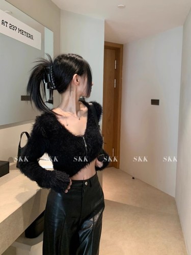 Skk Store Choking Hot Girl feels slim and imitation mink knitted short cardigan sweater jacket for women