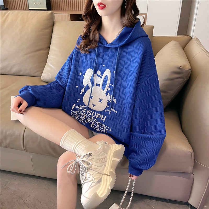 實拍 秋季新款韓版寬鬆後包領提花卡通兔子貼布繡花薄款衛衣女