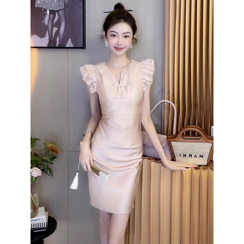 New Chinese style improved cheongsam pink dress for women summer 2023 new slim fit high-end temperament long dress