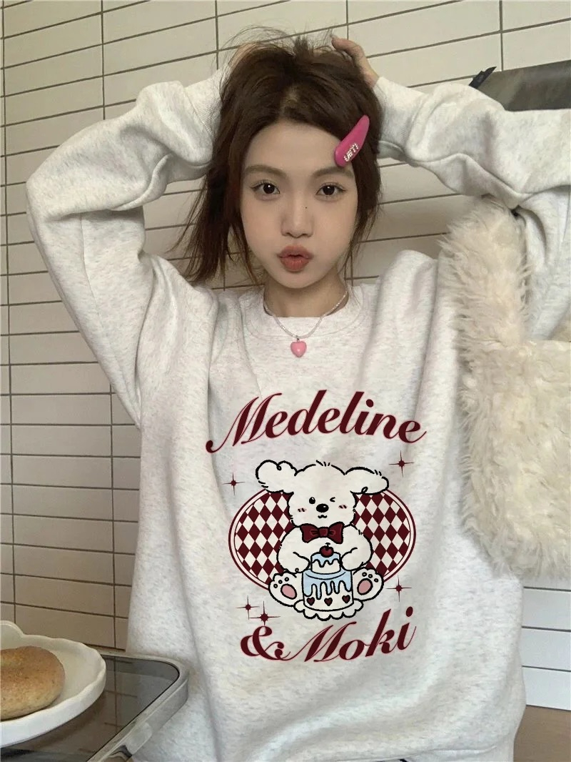 CVC cotton pasta wool Chinese cotton composite/milk silk 320g silver fox velvet 400g front printed round neck sweatshirt for women