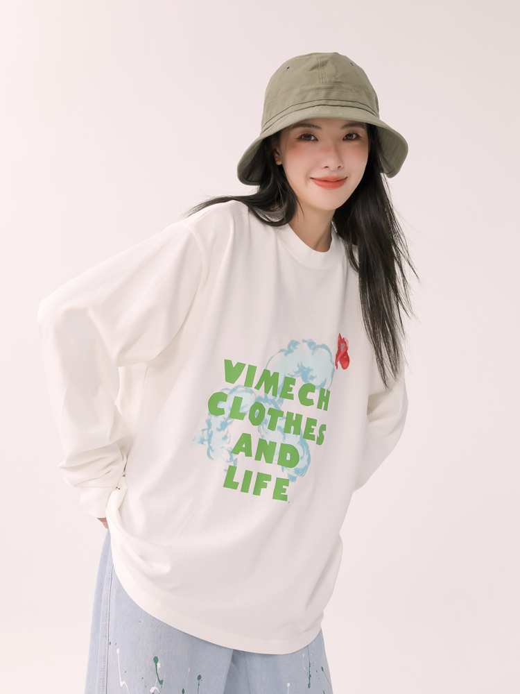 秋裝新款白色雲朵卡通字母印花休閒韓系青春學院長袖衛衣女