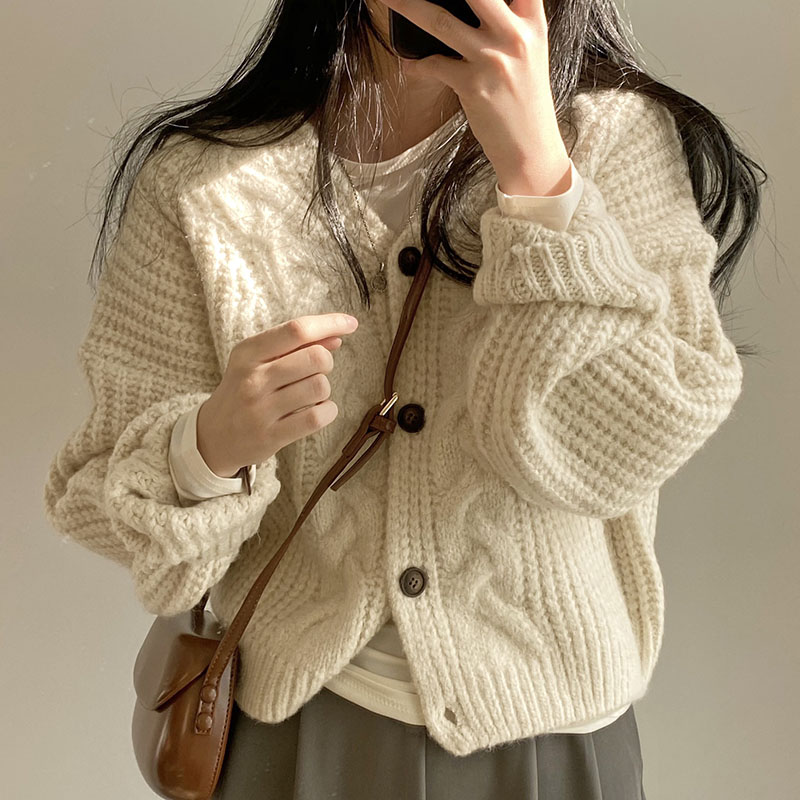 Korean chic autumn simple lazy style V-neck puff sleeves twist pattern loose knitted cardigan sweater jacket for women