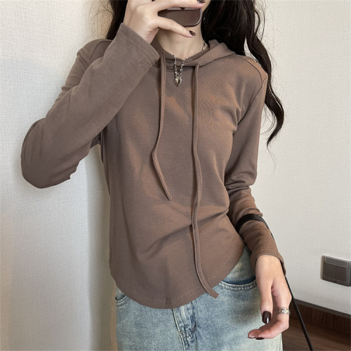 Real shot of American casual hooded sweatshirt for women in autumn and winter with curved design plus velvet and thickened long-sleeved T-shirt for women