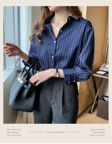 Spring Women's Uncommon Top Retro Hong Kong Style White Striped Shirt Design Sense Light Mature Layering Collar