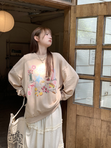 hollyii Korean style lazy style loose and versatile printed casual round neck retro sweatshirt women's top  new style