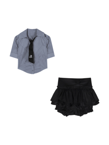 College style jk uniform American suit short-sleeved shirt top women's tutu skirt two-piece summer set