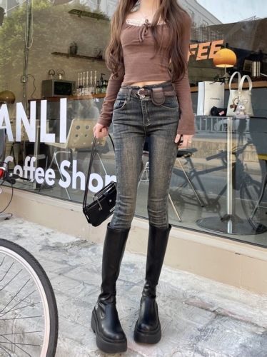 Actual shot #New stretch tight denim trousers for women with design breasted pencil trousers for small feet