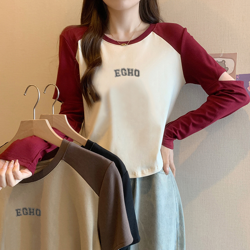 Actual shot of 2023 new autumn clothing for fat mm fashion versatile letter print stitching long-sleeved T-shirt bottoming shirt top