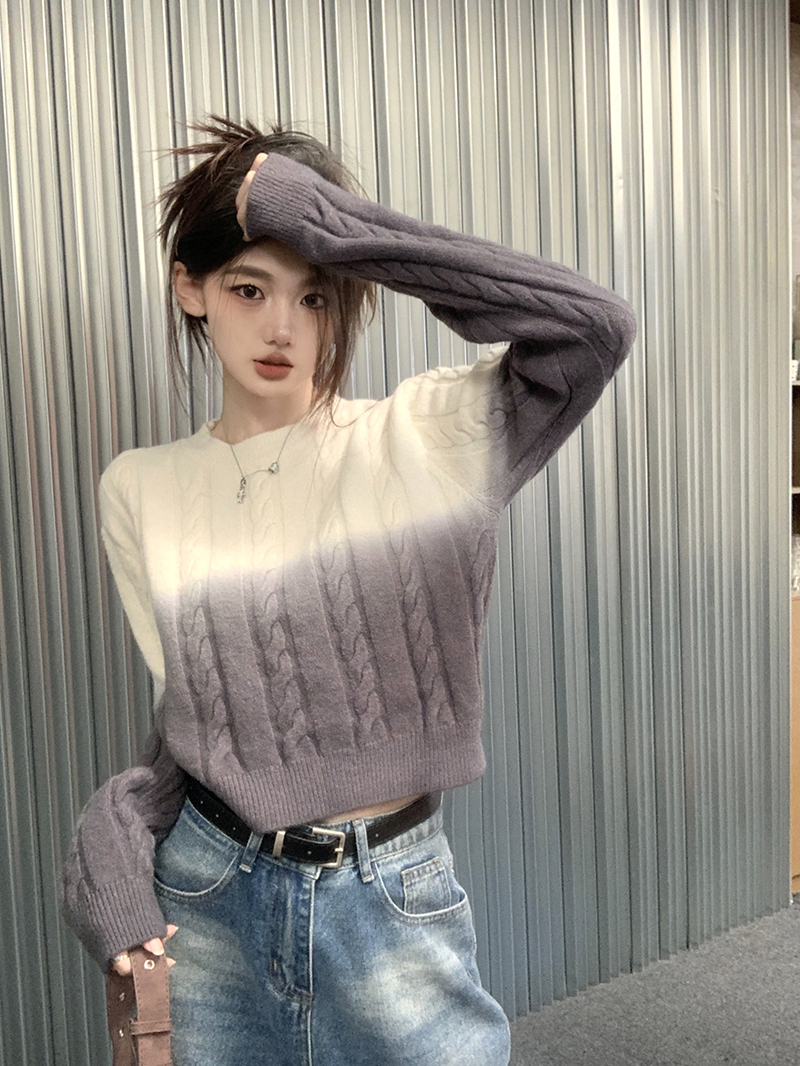 實拍 高級感漸變慵懶風麻花毛衣女寬鬆復古做舊針織上衣