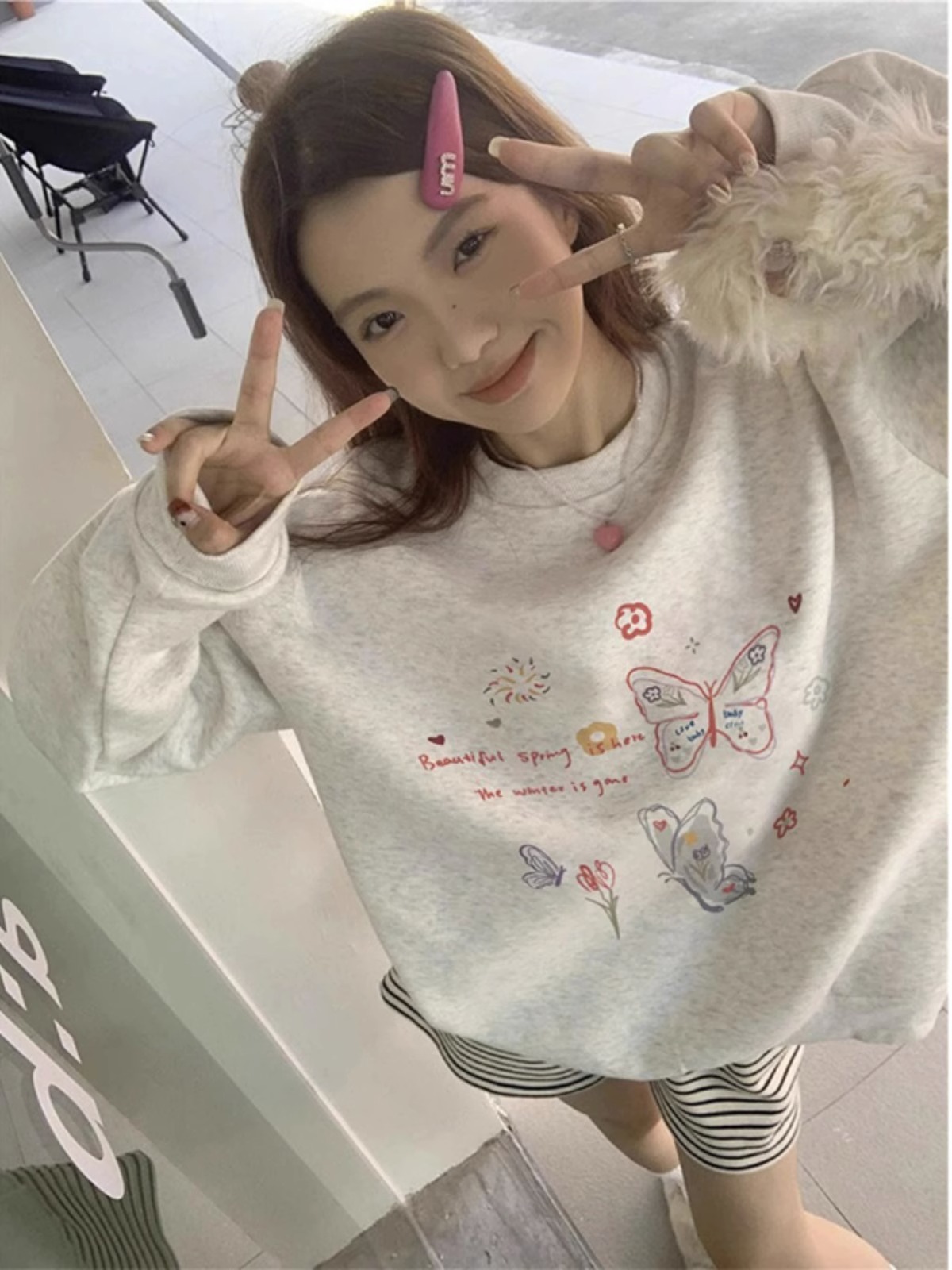 Official picture of Chinese cotton composite thin 310g plus velvet 410g autumn and winter round neck sweatshirt for women with printed loose large size