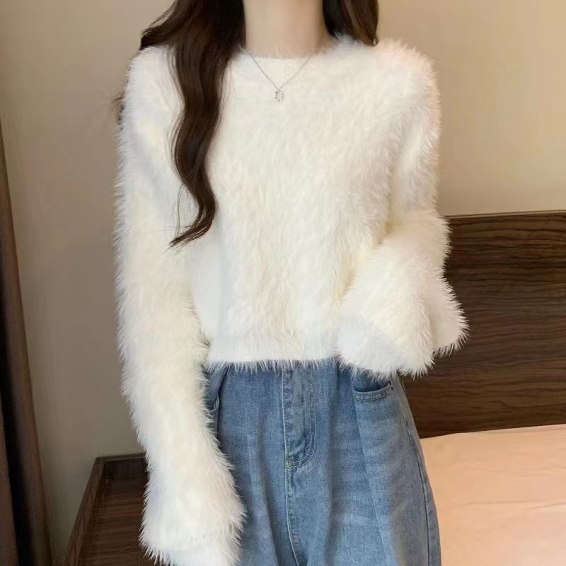 白色軟糯水貂絨打底衫女秋冬2023新款修身內搭毛衣針織衫上衣