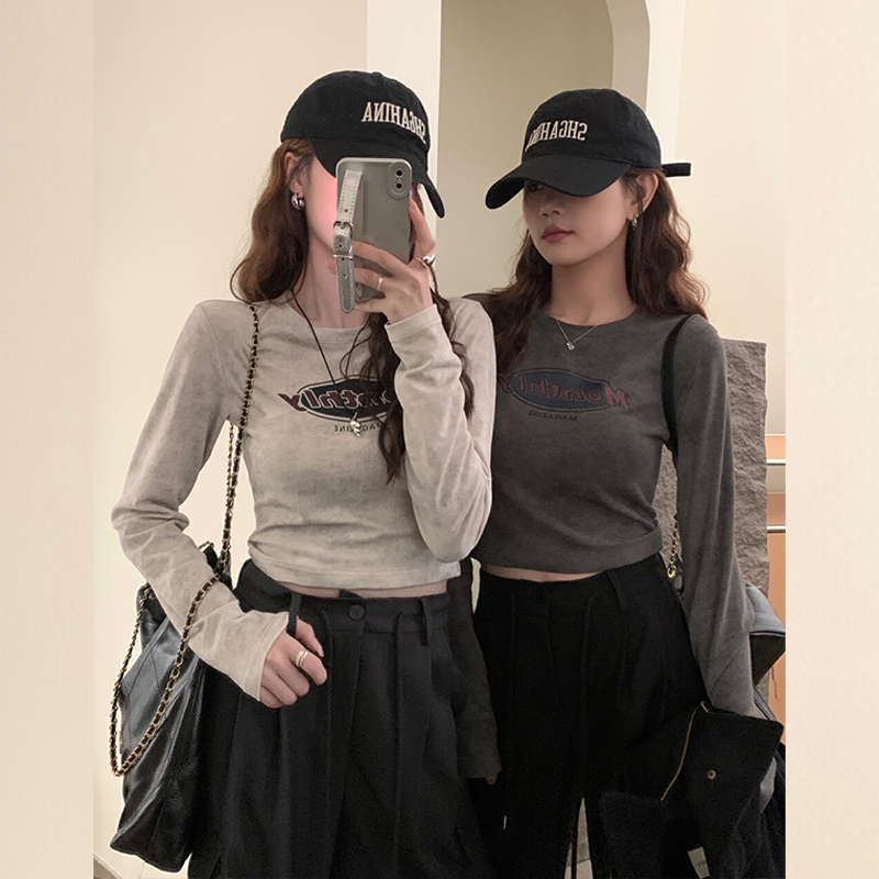 American retro right shoulder long-sleeved T-shirt for women spring and autumn 2023 new inner layering shirt slim fit short top