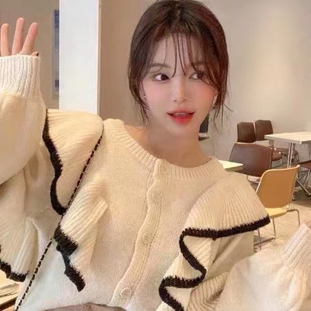 Korean style retro ruffled sweater cardigan coat for women autumn and winter 2023 new loose short knitted top