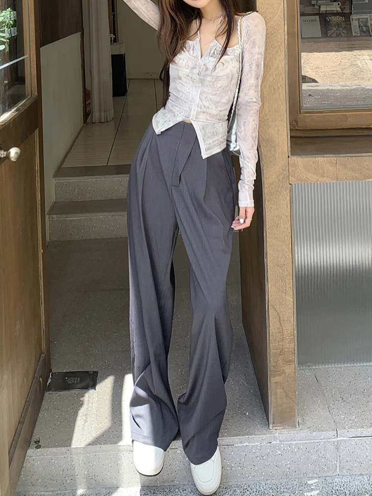 實拍2023秋裝新款寬鬆西裝褲女設計感小眾直筒褲休閒褲垂感長褲潮