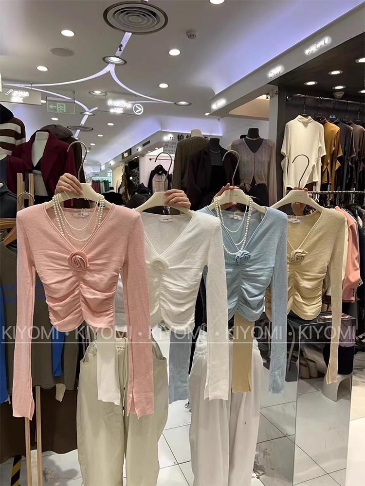 DAISYJING2023 new style pure lust style slim pleated flower design long-sleeved knitted inner top for women
