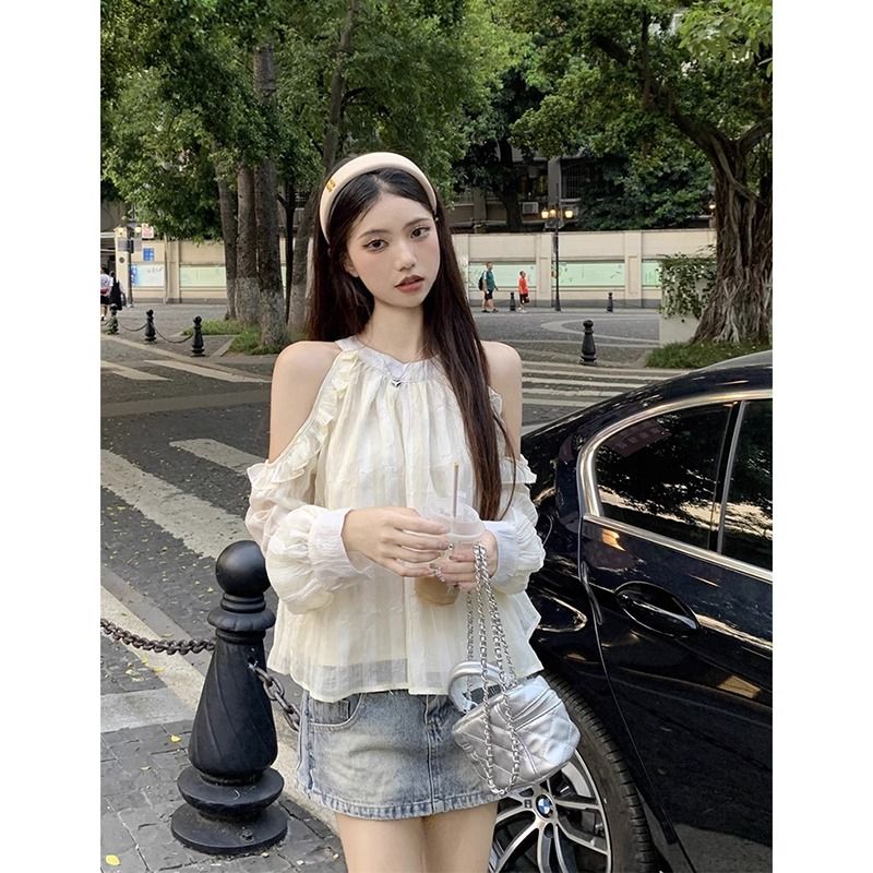 French sweet halter neck shirt for women early autumn thin off-shoulder ruffled long-sleeved chiffon shirt round neck temperament top