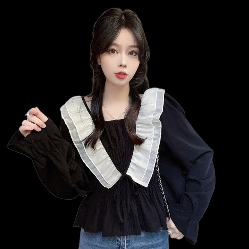秋冬季新款女装韩版大码法式荷叶边黑色长袖衬衫遮肚显瘦小衫上衣