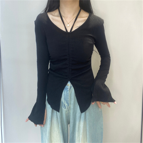 Real shot of large size fat sweater for women 2023 new autumn fashion pleated halter neck long-sleeved top