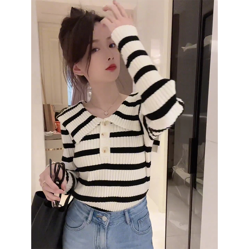 New navy style striped knitted long-sleeved pullover top for women French slim fit bottoming shirt