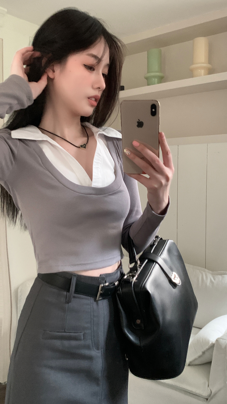 學院風時尚套裝短款假兩件長袖T恤女秋季