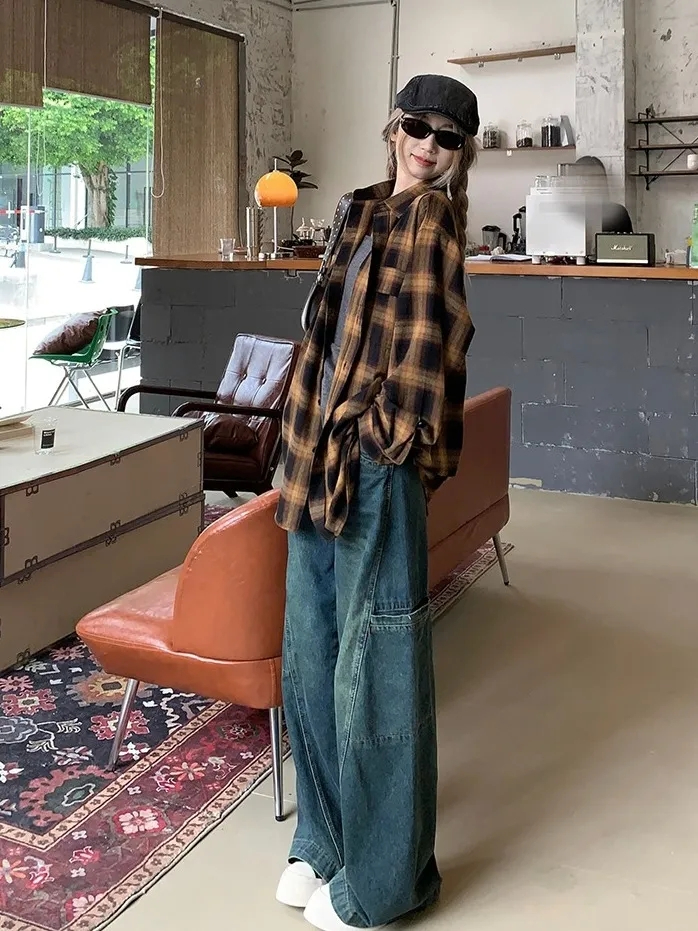 New American retro brushed plaid shirt women's autumn loose mid-length design long-sleeved cardigan