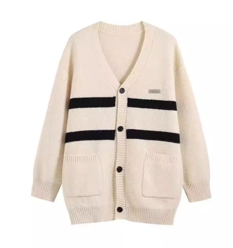 American fashion brand college style knitted cardigan for women  new autumn contrasting V-neck striped age-reducing lazy top