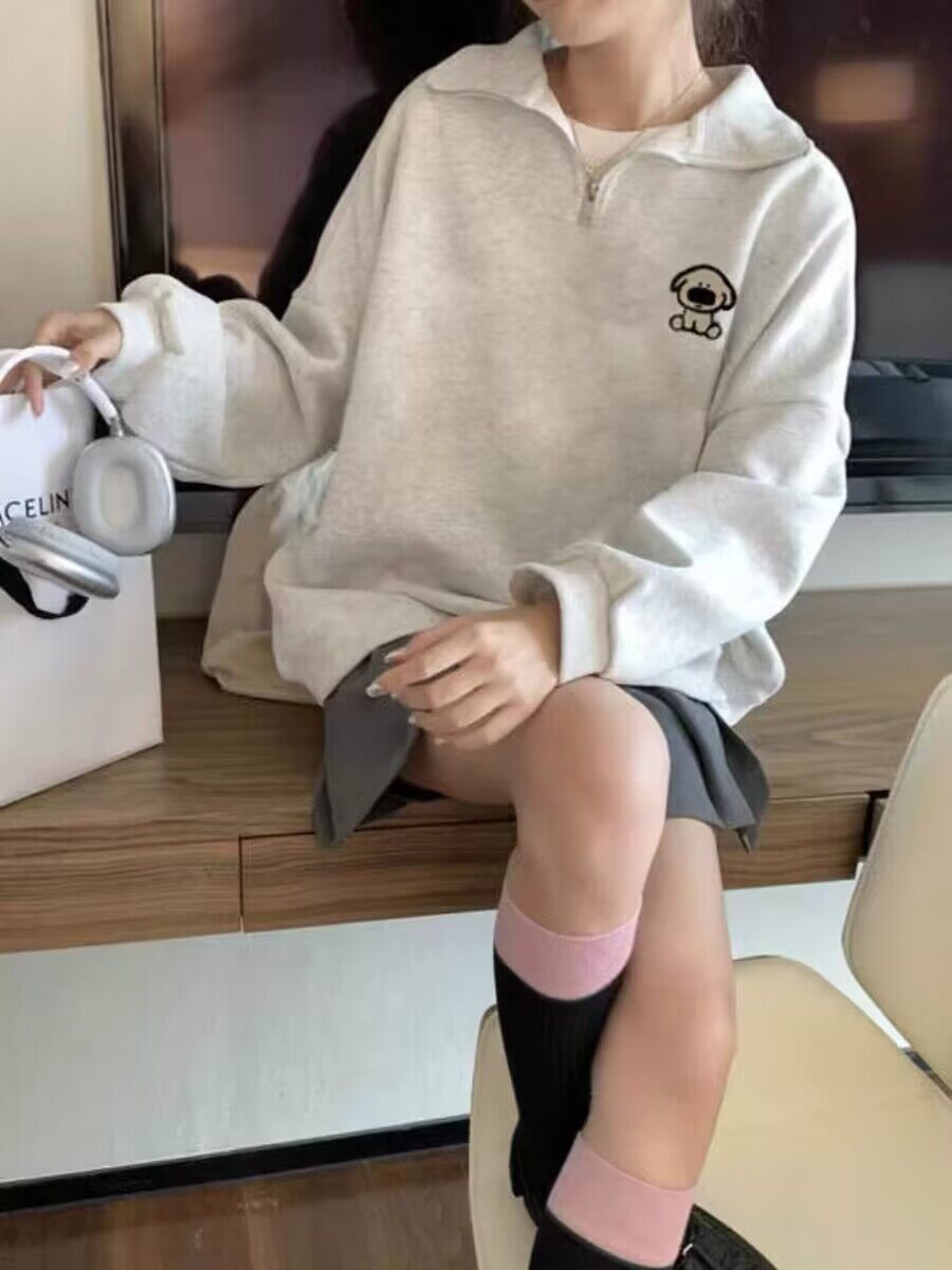 CVC棉麵食毛華棉複合薄款300克/加絨400克前 印花翻領衛衣女