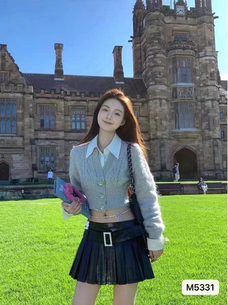 2023秋冬新款韓版學院風襯衣領拼接假兩件長袖開衫上衣女