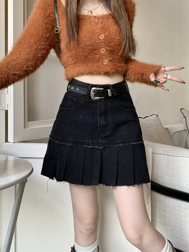 Real shot ~ Retro hot girl pleated denim skirt for women, high waist, slimming, A-line, hip-covering, anti-exposure short skirt