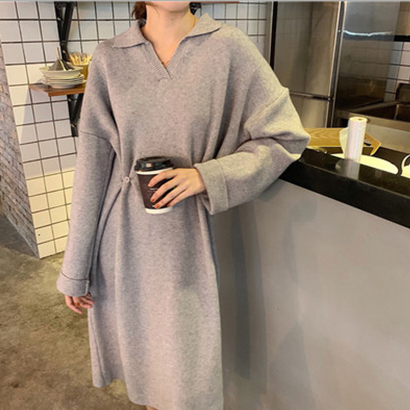New style lapel loose long skirt with waist and bottoming long-sleeved knitted sweater dress