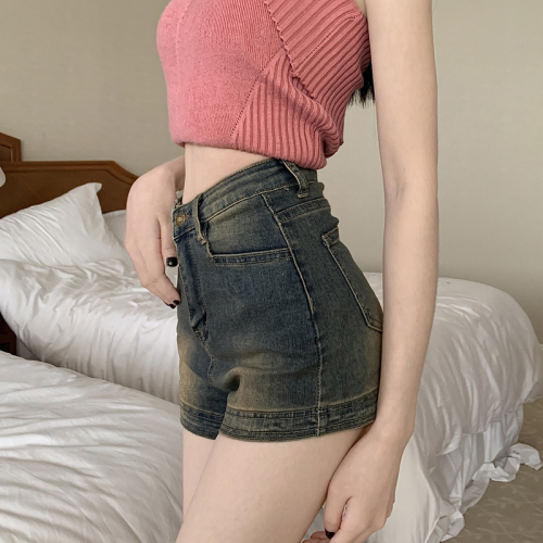Cement gray washed distressed sexy hot girl slim fit elastic hip-covering hot pants denim shorts for women trendy