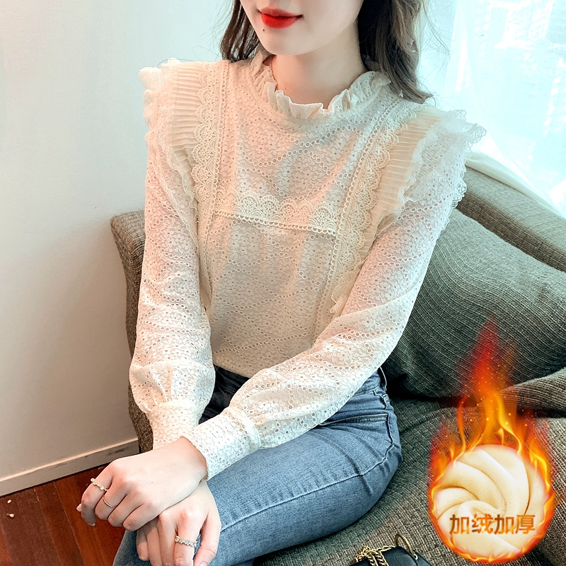 加絨加厚高領蕾絲打底衫女2023冬季洋氣網紗內搭上衣仙女約會襯衫