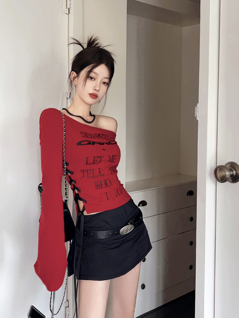 實拍實 斜肩綁帶長袖上衣女紅色性感辣妹小心機露肩短款t恤