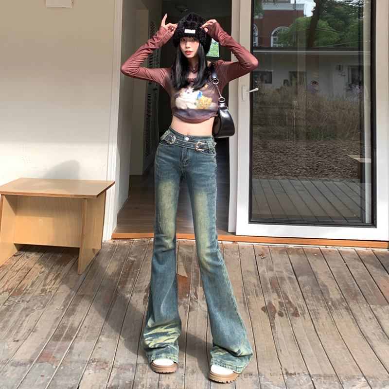 實拍2023秋季時尚美式辣妹復古微喇牛仔褲女