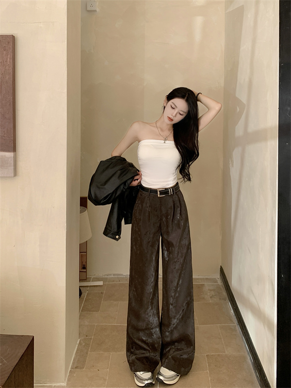 實拍  秋冬新款腰帶設計復古休閒高腰顯瘦垂感闊腿長褲女