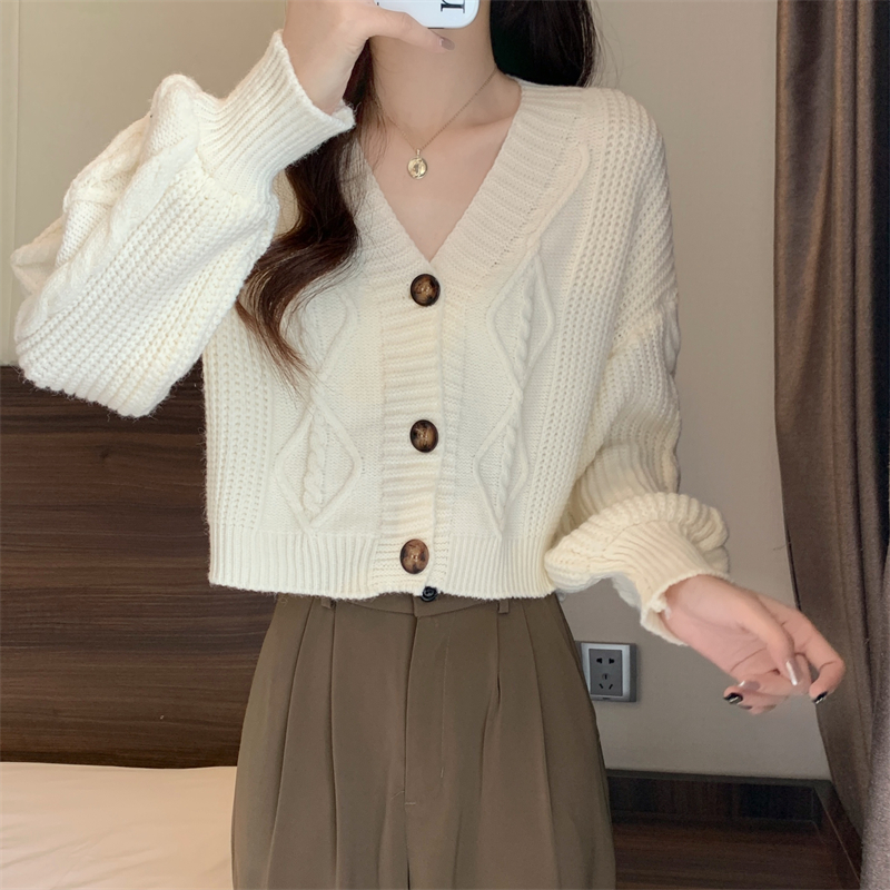 Actual shot of new autumn and winter retro single-breasted V-neck loose twist warm knitted cardigan sweater jacket for women